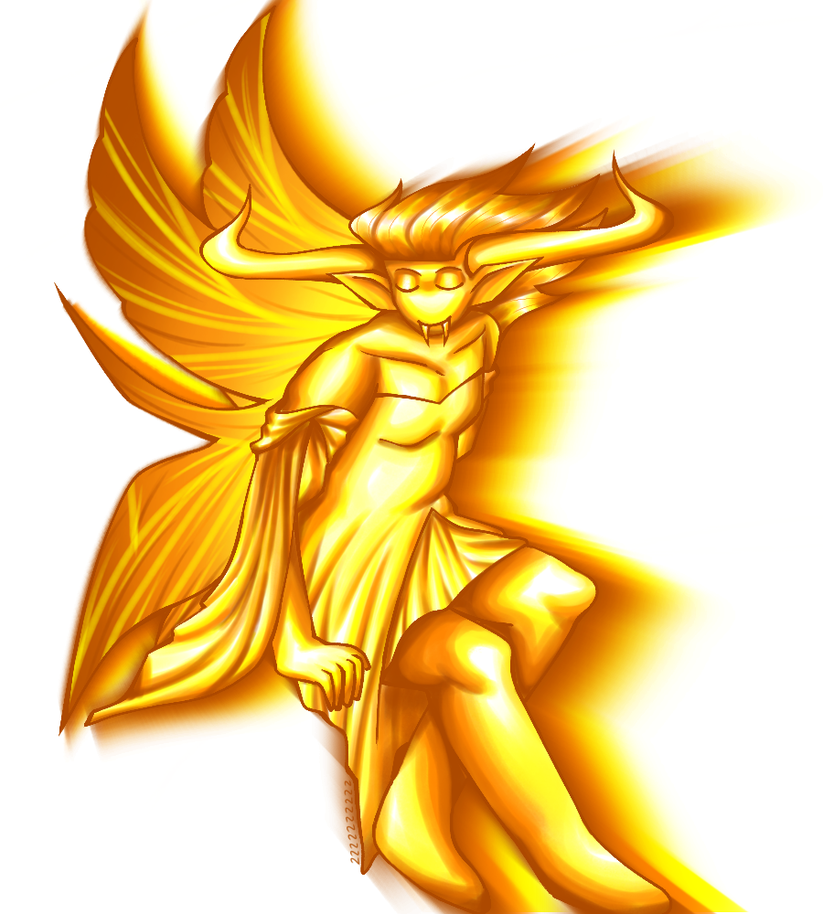 A digital drawing of fairy Tavros, colored and rendered purely in white, yellow, orange, and a red-ish brown. She is sitting and looking away, eyes closed and smiling.